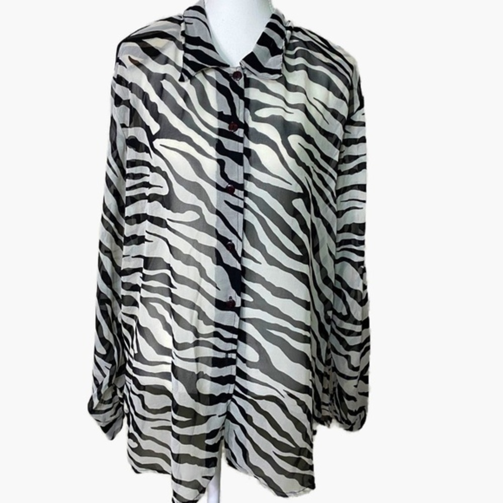 Kaktus Vintage Semi Sheer Zebra Print Button Down Long Sleeve Shirt - Picture 1 of 9